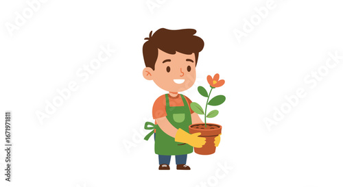 Cheerful young boy in green apron holding a potted flowering plant