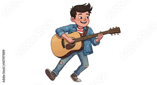 Cheerful young boy enthusiastically playing acoustic guitar with ripped jeans