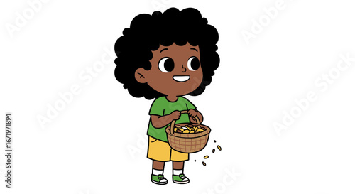 A smiling cartoon Black boy with a large afro hairstyle, holding a woven basket of seeds.