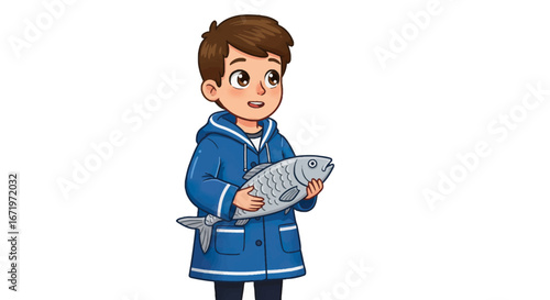A cartoon boy with brown hair in a blue raincoat holding a large grey fish.