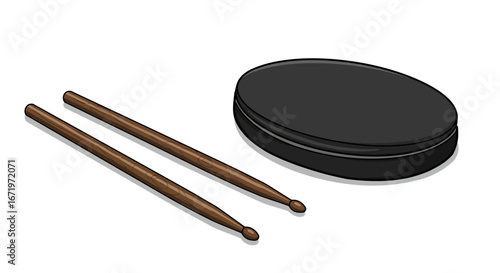 A pair of wooden drumsticks with a black, round drum practice pad in an isometric illustration style.