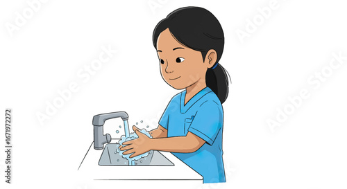 Smiling girl with black ponytail in blue scrubs thoroughly washing her hands with soap.