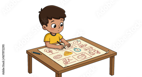 Focused cartoon boy with brown hair drawing diverse icons on a large paper at a wooden table.