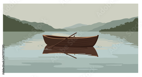 Boat Floating Calmly On Lake With Mountain Backdrop on Calm Day