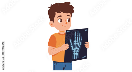 Illustrated young boy with brown hair holding a medical x-ray of a skeletal hand.