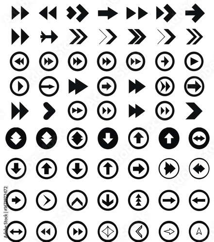 Arrow icons set, black direction symbols, navigation buttons, forward, backward, up, down pointers, circular play and move graphic signs