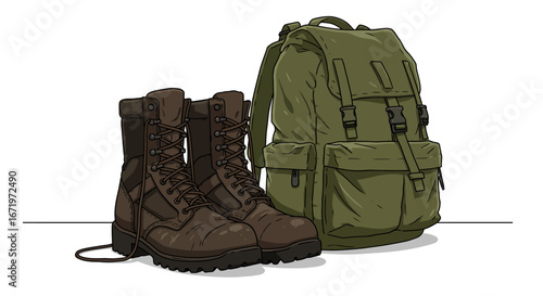 Rugged Brown Combat Boots and Olive Green Backpack for Outdoor Adventures