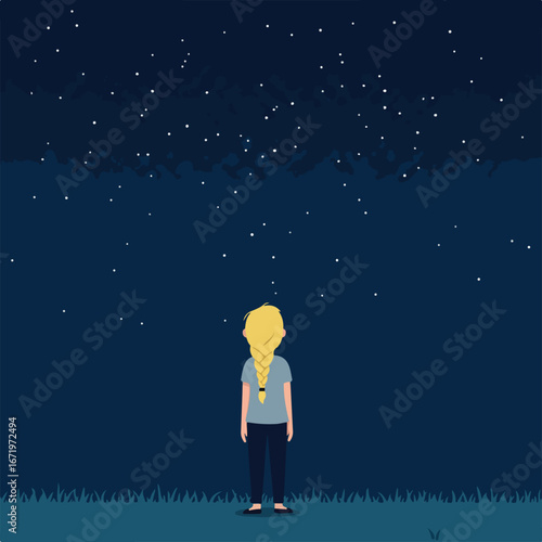 Girl Watches Stars Shining Brightly in Dark Night Sky on Grassy Hill