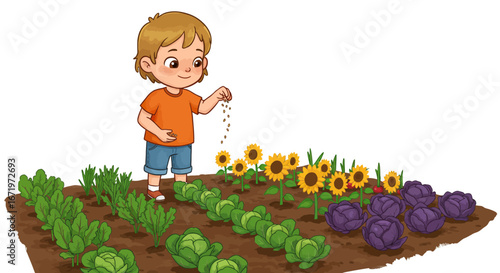 Cartoon boy with blond hair happily sowing seeds in a vibrant vegetable and sunflower garden.