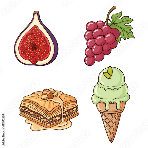 A colorful cartoon collection of sweet foods a fig grapes baklava and an ice cream cone.