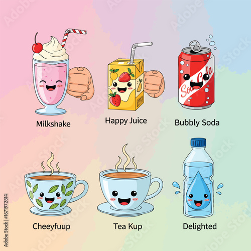 A collection of six cute kawaii cartoon drink characters with happy smiling faces and arms.