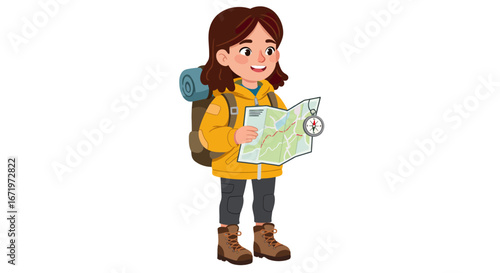 Happy cartoon girl hiker in a yellow jacket with a backpack, navigating with a paper map and compass.