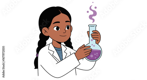 A curious young girl with braided hair in a lab coat holding a bubbling purple chemical flask.