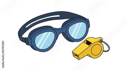 Blue Swimming Goggles and Yellow Whistle for Aquatic Sports