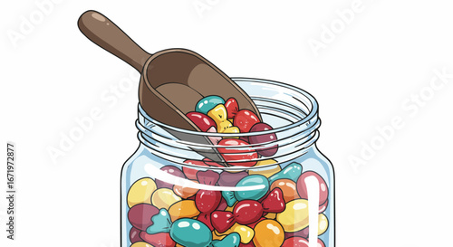 Cartoon glass jar filled with colorful assorted candies and a wooden scoop.