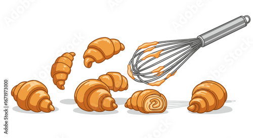 Illustrated set of golden brown croissants and a metal whisk with batter.