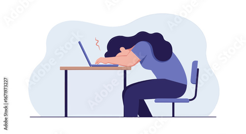 Exhausted woman slumped over her laptop, resting her head on the keyboard, showing signs of workplace fatigue and stress.