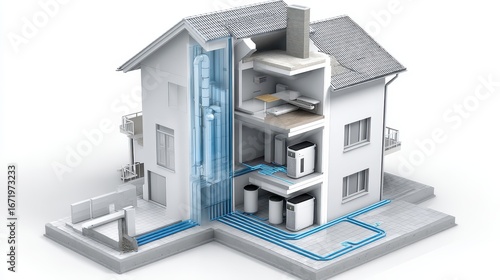 Cutaway 3D model of a geothermal heating and cooling system for homes with heat pump, ducts, and piping. White background.