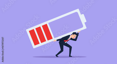 A businessman struggles under the weight of a large, low-battery symbol, illustrating exhaustion.
