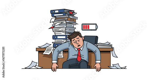 Exhausted businessman overwhelmed by paperwork and low energy.