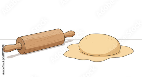 Cartoon Illustration of Dough and Wooden Rolling Pin on Surface