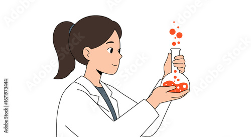Young female scientist with a ponytail in a lab coat holding a bubbling round-bottom flask.