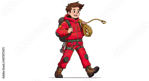 Smiling cartoon boy mountaineer in red suit walking with a backpack and climbing rope.