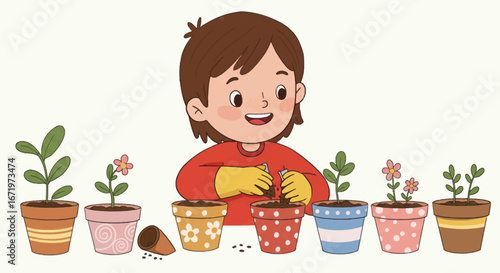 Joyful cartoon child with brown hair wearing yellow gloves, planting seeds in a row of colorful, decorated flowerpots.