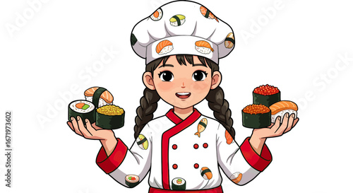 Smiling Sushi Chef Holding Variety of Delicious Japanese Sushi Rolls