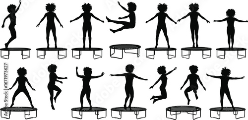 Silhouettes of trampoline jump sequence, showing stages of jump, balance, ascent, peak, descent, landing, fitness, sport, motion, exercise illustration