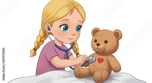 Young girl with blonde braids using a stethoscope on a teddy bear