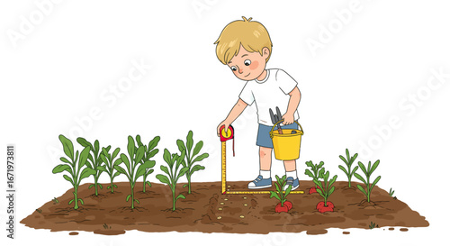 A cartoon boy with blonde hair measures seed spacing in a garden with a tape measure, holding a bucket of tools.