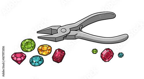 Silver jewelry pliers with a collection of colorful, sparkling faceted gemstones.