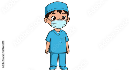 Cartoon Child Doctor Wearing Blue Scrubs and Surgical Mask