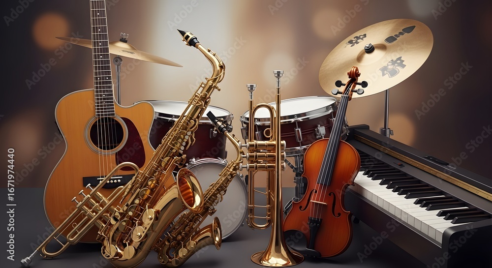 Fototapeta premium A diverse collection of musical instruments including guitar, saxophone, drums, trumpet, violin, and piano
