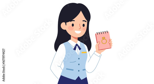 Cheerful female wedding planner in a blue uniform holding a pink notebook with a diamond ring illustration.