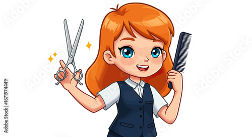 Cheerful cartoon redhead hairdresser in uniform holding shiny scissors and a comb.