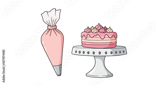 Pink Icing Bag and Multi-Layered Cake with Swirled Frosting