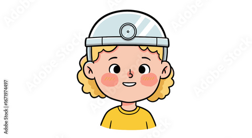 Cute cartoon girl with curly blonde hair wearing a doctor's head mirror and smiling.