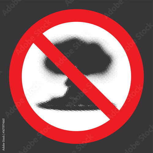 Vector pixel nuclear explosion mushroom with halftone effect in red crossed out circle sign. Suitable for anti-war posters dedicated to nuclear war and environmental pollution. 