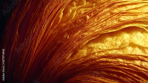 Close-up of fresh French croissant layers with buttery flaky texture 