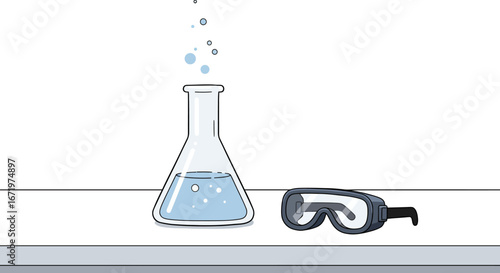 Cartoon Erlenmeyer Flask with Bubbles and Safety Goggles Illustration