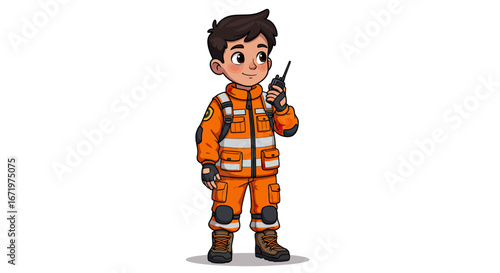 A smiling cartoon boy in an orange rescue uniform with reflective stripes, holding a walkie-talkie.