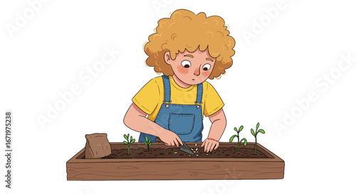 Curly-haired child planting seeds in a wooden planter box with a small trowel, showing focus.