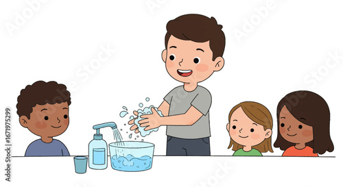 A diverse group of cartoon children learning about proper handwashing hygiene from a boy demonstrating with soap and water.