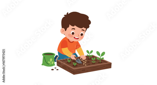 Cartoon boy happily planting seeds in a wooden garden planter box with a small trowel.