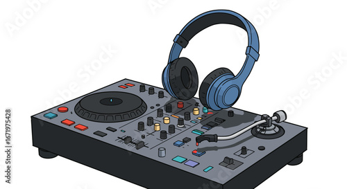 Stylized cartoon illustration of a DJ controller mixing deck with blue headphones resting on top.