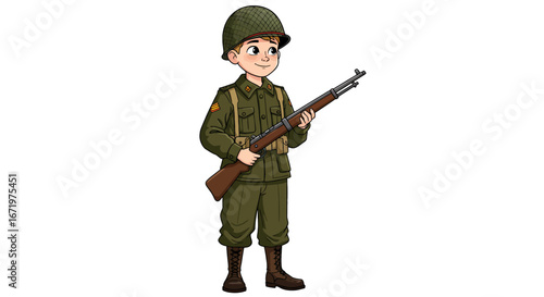 Young cartoon soldier in a vintage green uniform and netted helmet holding a rifle.
