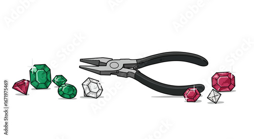 Jewelry Pliers with Emerald, Ruby, and Diamond Gemstones Illustration
