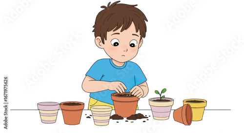 A focused cartoon boy with brown hair and a blue shirt planting seeds in a pot.